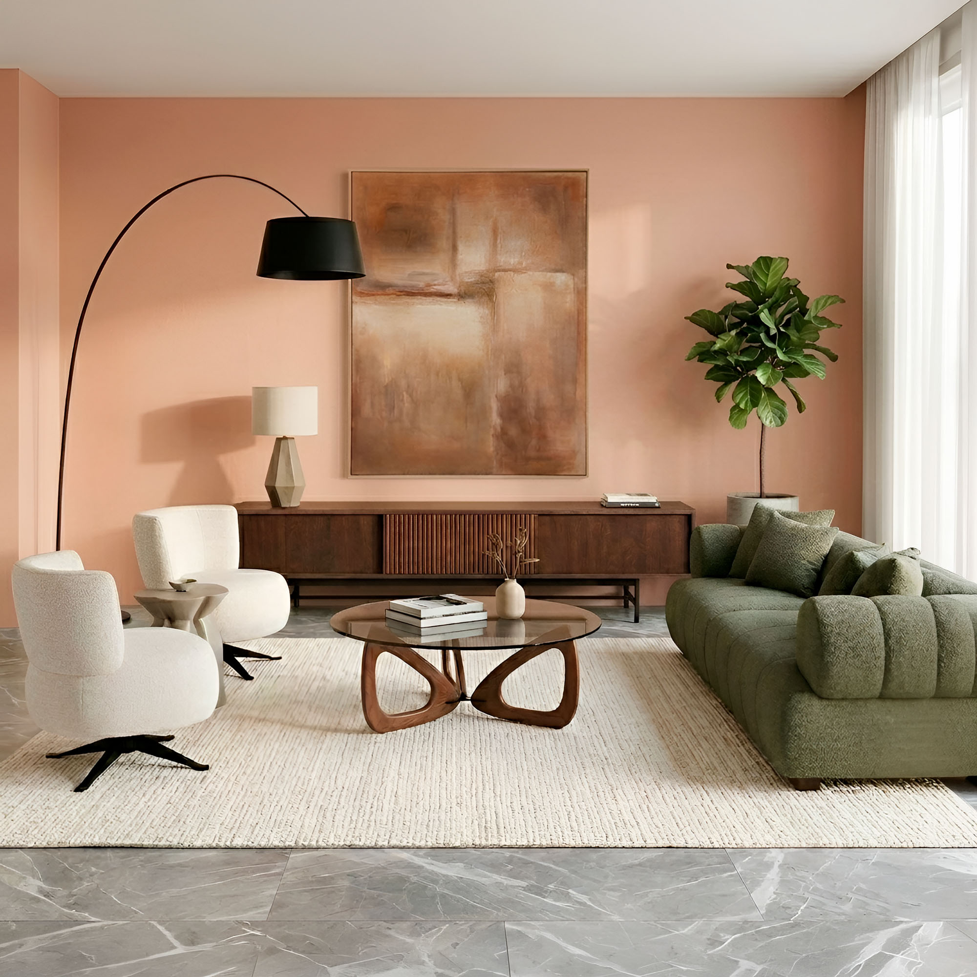 Warm-toned living room with salmon walls, three-seater sofa upholstered in green bouclé, two white bouclé swivel armchairs, smoked glass and wood coffee table, slatted-door TV unit in wood finish and black arc floor lamp