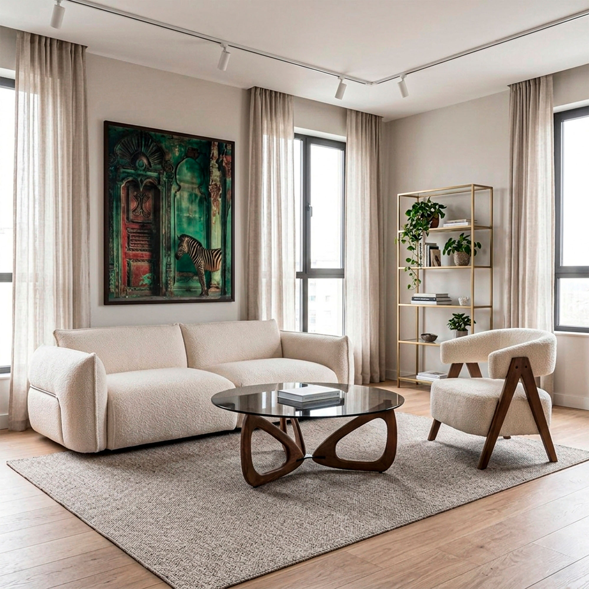 Contemporary living room featuring a two-seater sofa and armchair upholstered in cream bouclé, round coffee table with dark wood base and smoked glass top, gold-finish metal shelving unit and large-format artwork with zebra motif