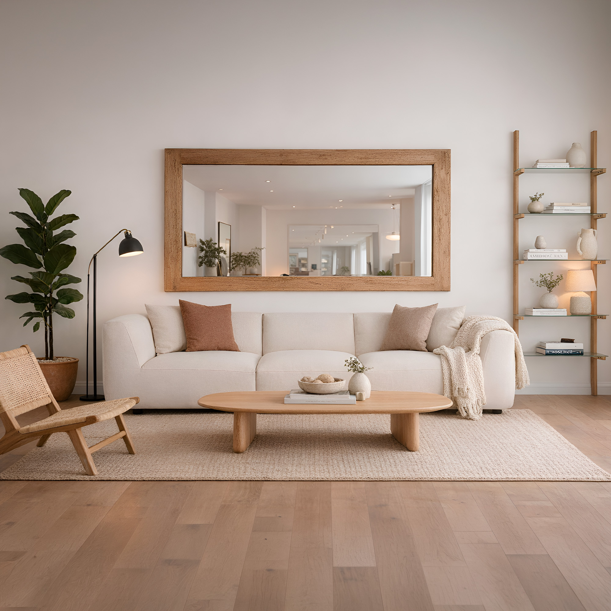Nordic-natural style living room with three-seater linen cream sofa, oval light wood coffee table, large rectangular mirror with rustic wood frame, wooden ladder shelf with decorative objects, rattan chair and fiddle leaf fig plant