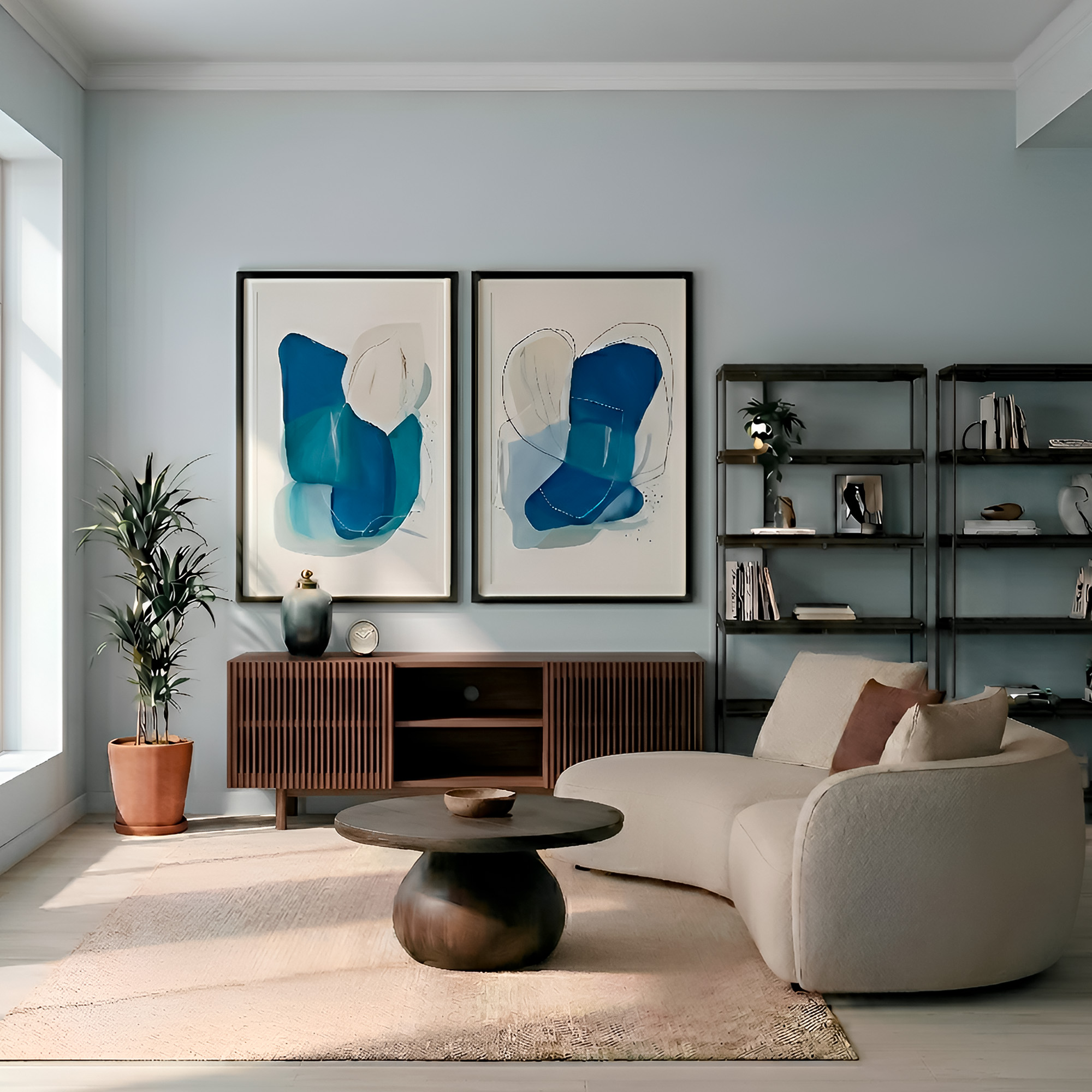 Living room with pale blue walls, curved cream bouclé sofa, round coffee table with sculptural dark wood base, walnut slatted-door sideboard, black industrial metal shelving unit and cobalt blue abstract art diptych