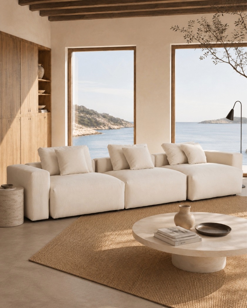 Sofá modular beige en salón contemporáneo con mesa redonda de madera